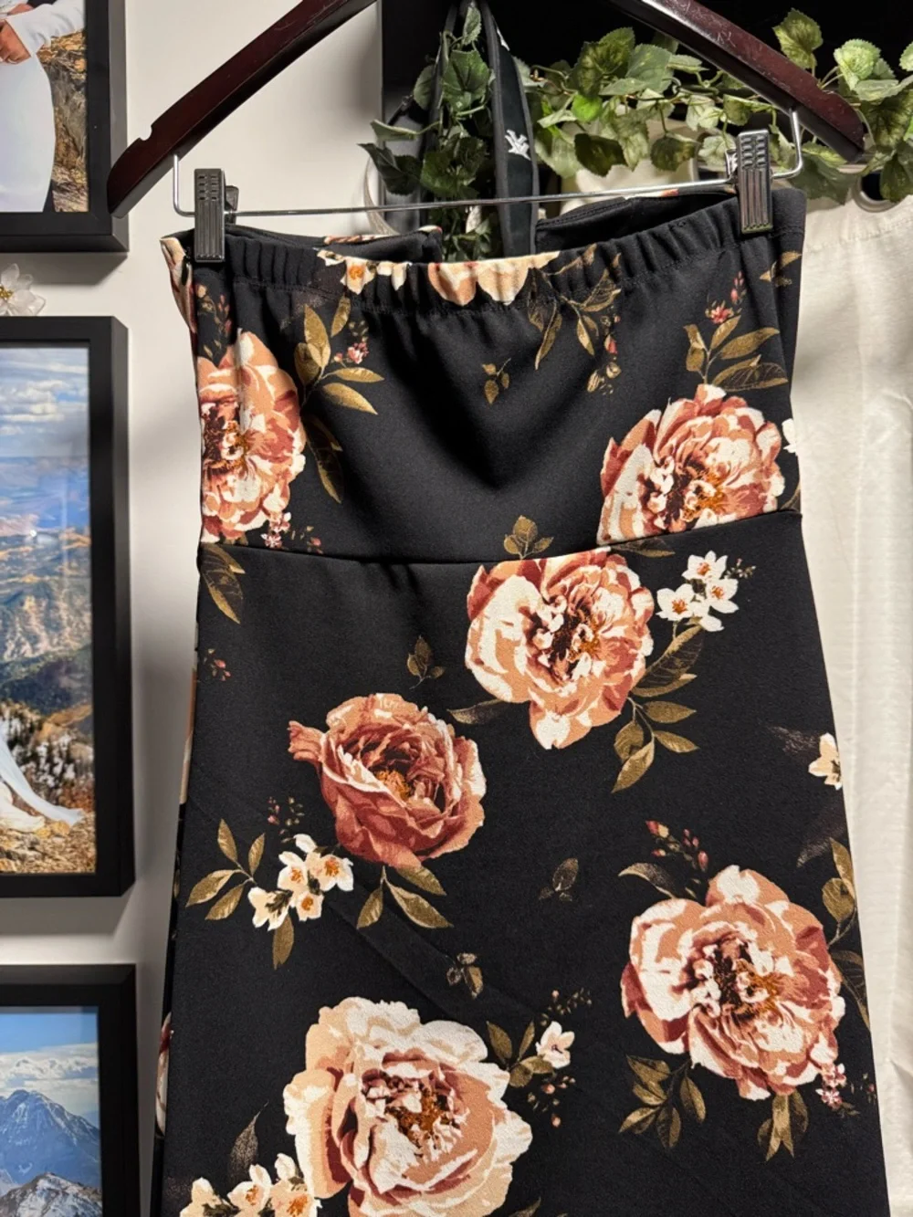 SCOBE Strapless Black Floral Hi-Low Midi Dress with Rose Print 💕 Romantic - Picture 7 of 10